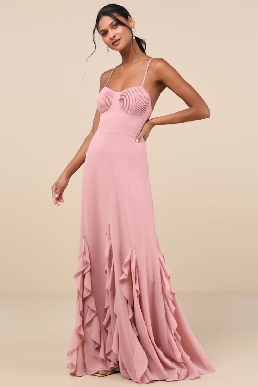 NWOT Lulus Priela Pink Ruffled Lace-Up Maxi Dress Holiday Party Bridesmaid Sz L